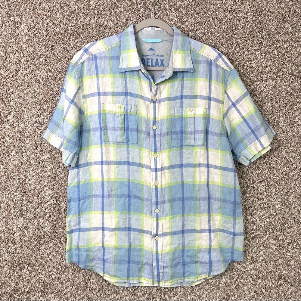 Tommy Bahama Shirt Men's Large Relax Plaid Linen Short Sleeve Button Down Pocket